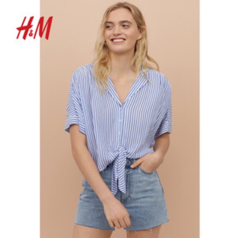 H&M BLUE WHITE STRIPE TIE FRONT CROP TOP BLOUSE Size XL NWOT